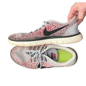 Nike Free RN Mens Gray Red Athletic Sneaker Shoes 12 Flyknit Lace Up Fabric Mesh